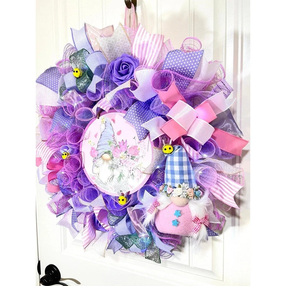 Handmade Spring Floral Bee Gnome Prelit Ribbon Wreath 22 in LED W1